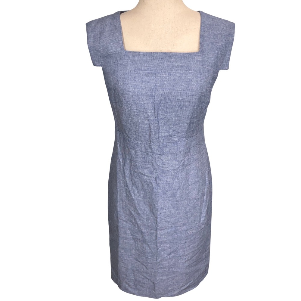 Ann Taylor Dress Womens 0 Blue Sheath Cotton Linen Square Neck Cap Sleeve